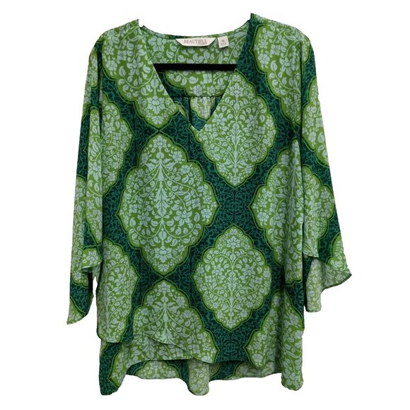 Beautiful By Lawrence Zarian Womens BOHO Blouse Size 1X Green Printed 3/4 Sleeve - Picture 1 of 8